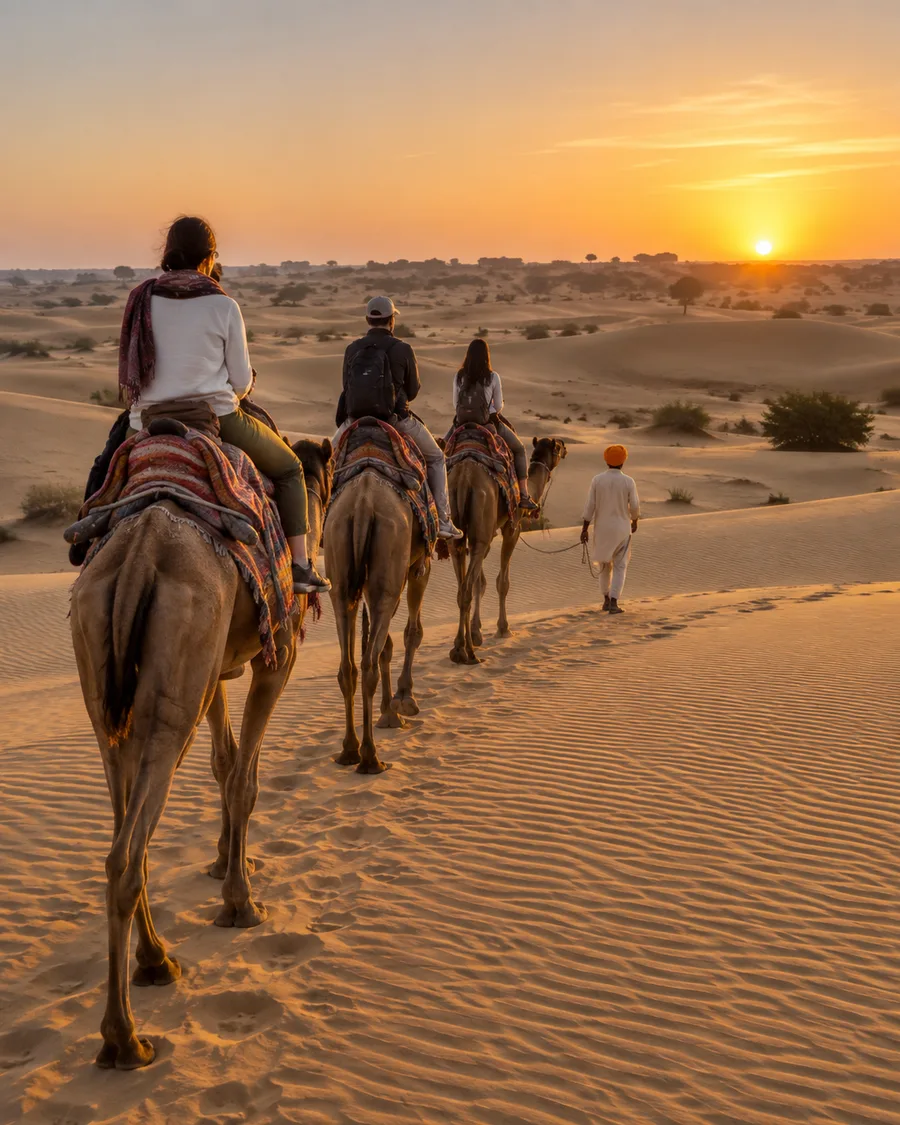 Guided camel trek across Rajasthan dunes at sunrise