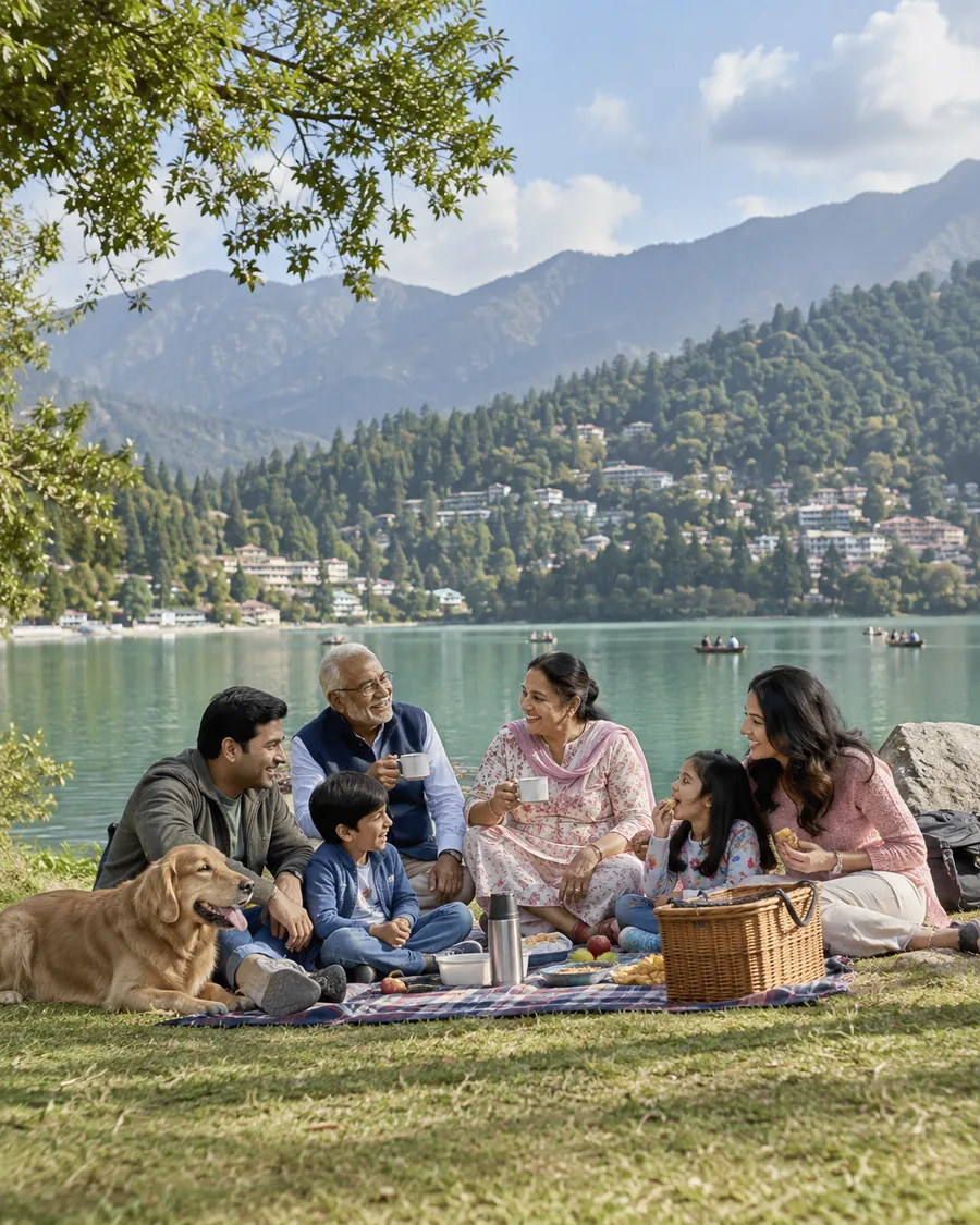 Multigenerational Indian family sharing a lakeside holiday picnic