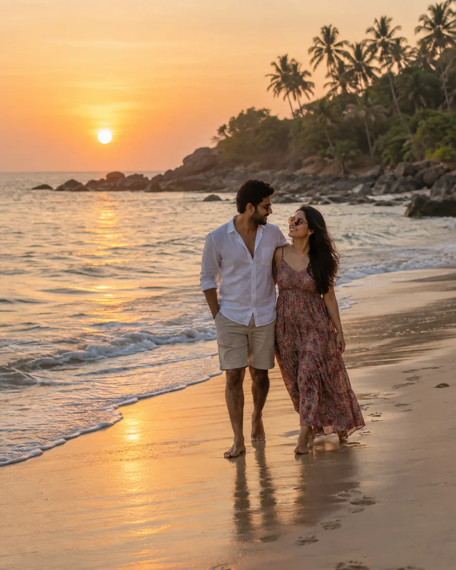 Indian couple walking together along a beach at sunset
