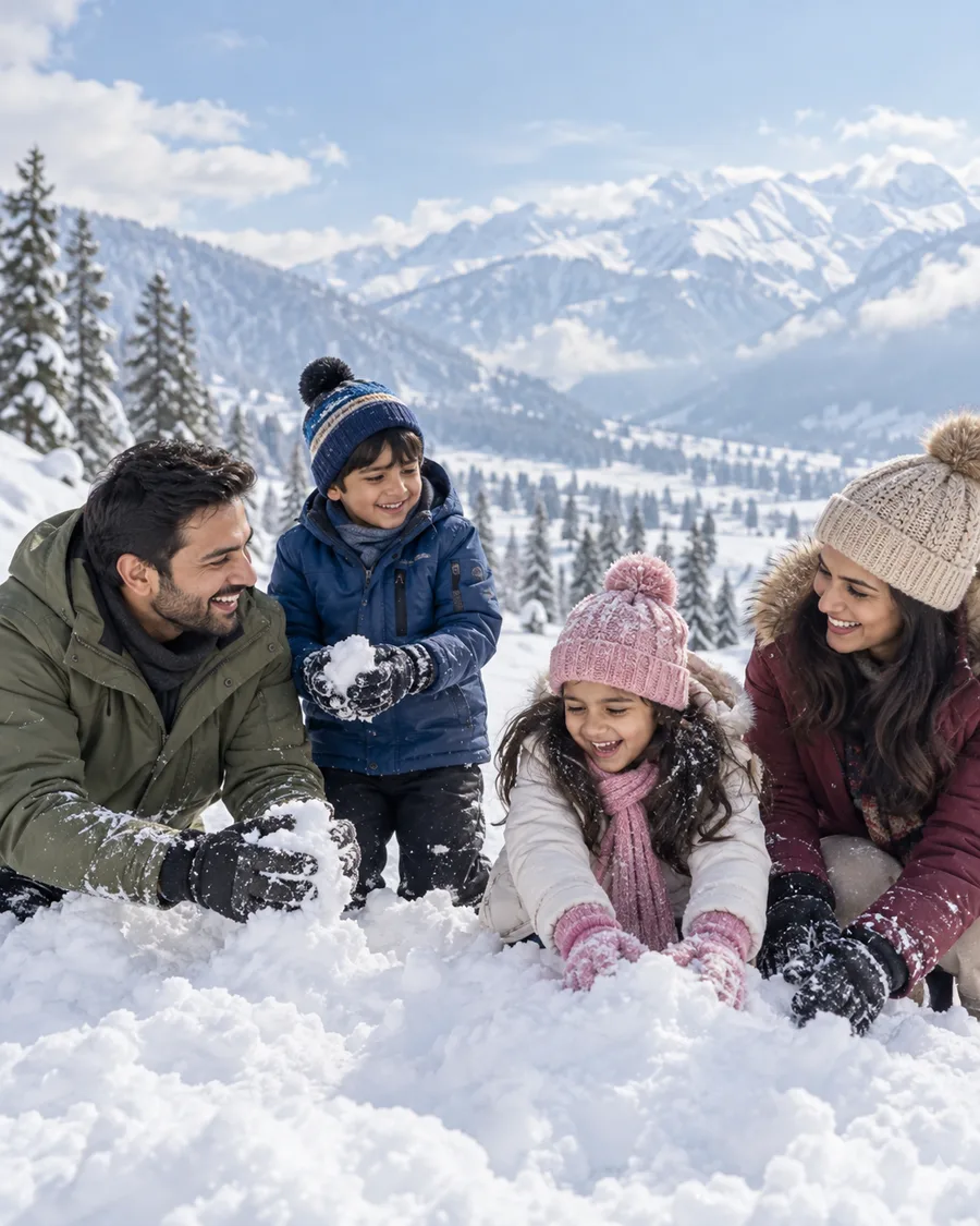Indian family enjoying snow in Kashmir