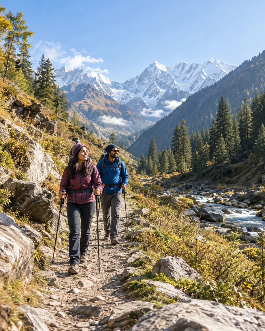 Indian travellers trekking along a Himalayan valley trail