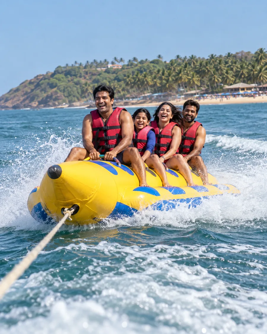 Travellers wearing life jackets during a water-sports ride in Goa