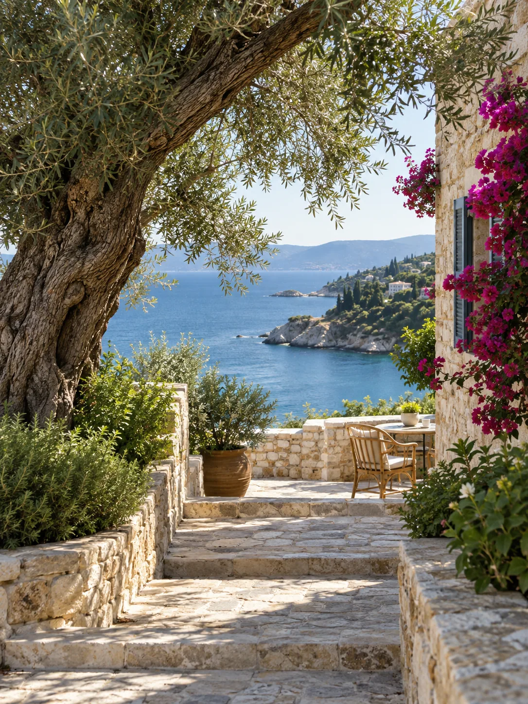 Coastal steps and a shaded garden overlooking the sea